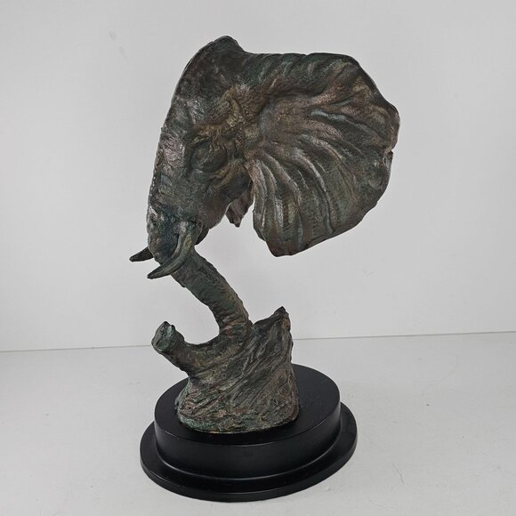 Cast Metal Elephant Head Sculpture On Black Base Bronze Look - Picture 3 of 8